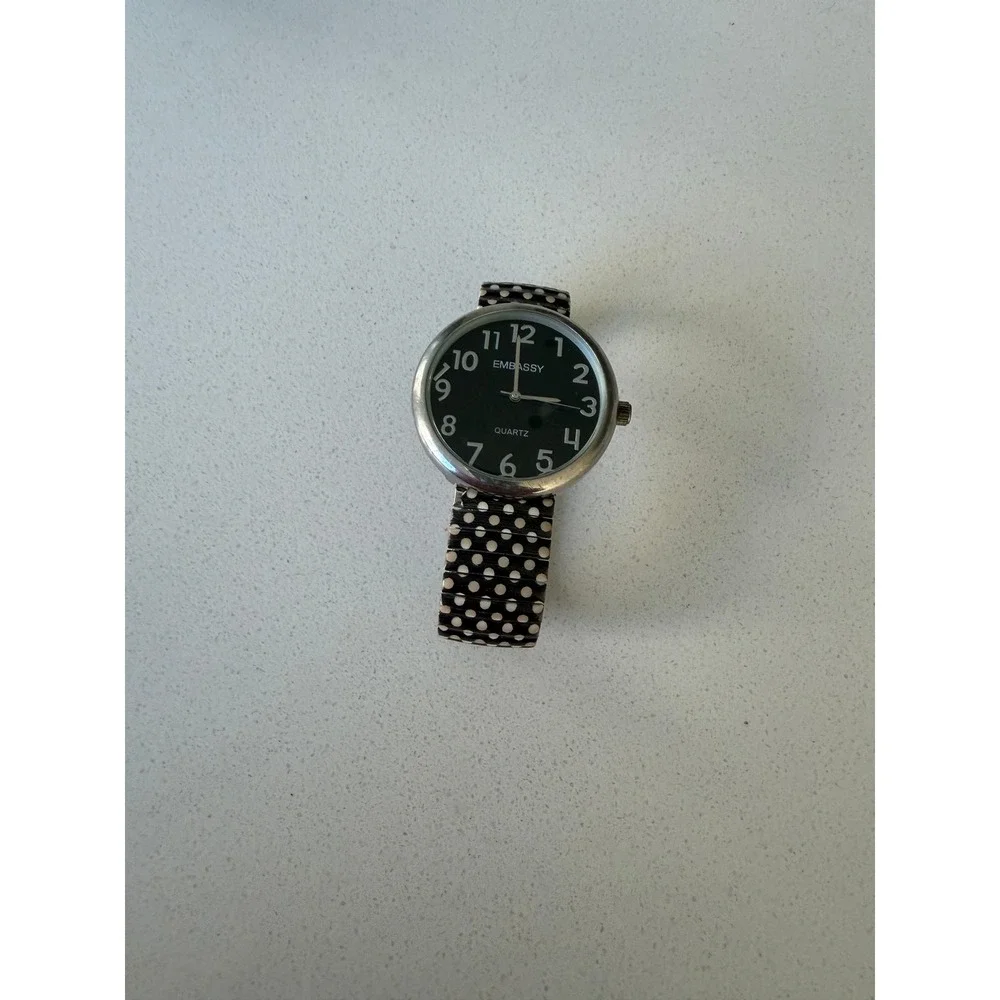 Embassy Quartz Watch Silver Tone Black Dial Polka Dot Stretch Band 0575